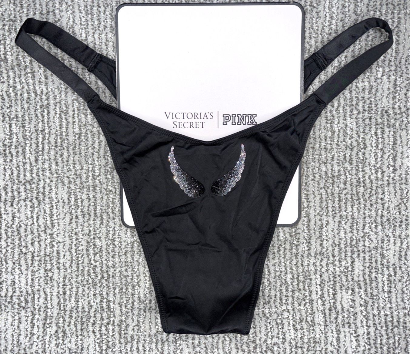Victoria’s Secret Very Sexy NWT XL Black Angel Wing Shine Strap Brazilian Panty