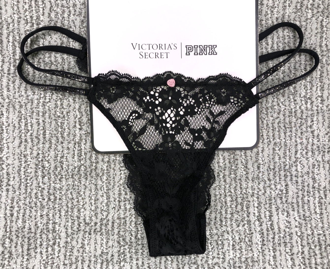 Victoria’s Secret Dream Angels NWT Large Black Lace Shine Strap Brazilian Panty