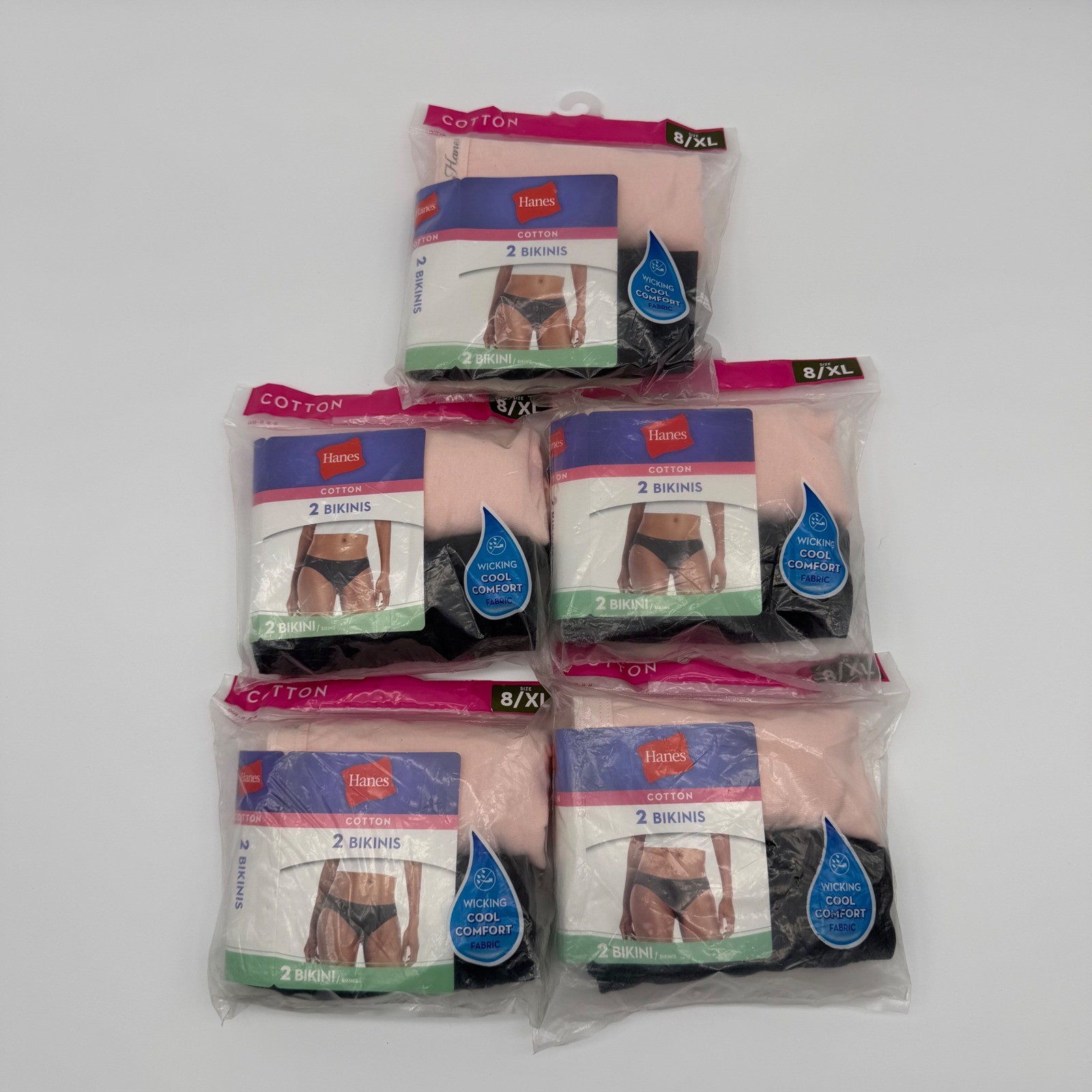 (Lot of 5) Hanes Ladies Bikini Underwear 2-Pack 8/XL Cotton Black/Pink Panties