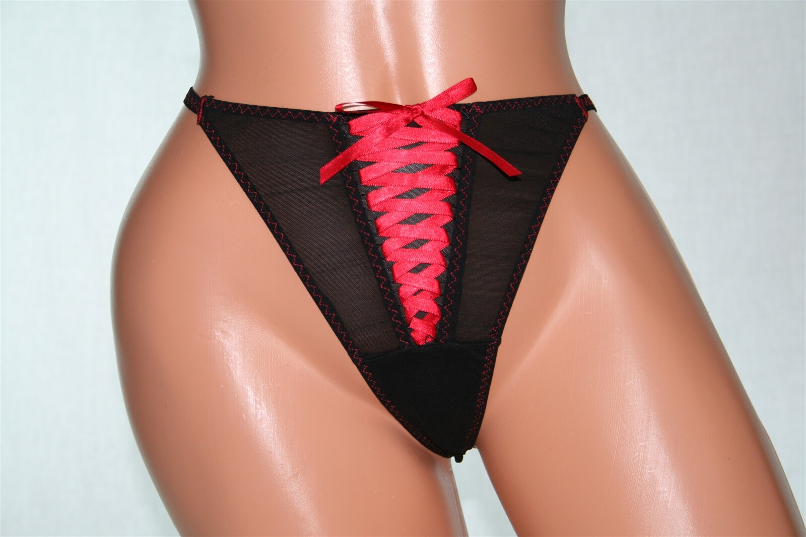 Sheer Black Thong Red Stitching, Ribbon, Corset Front & Bow Size 14/16 or 42/44