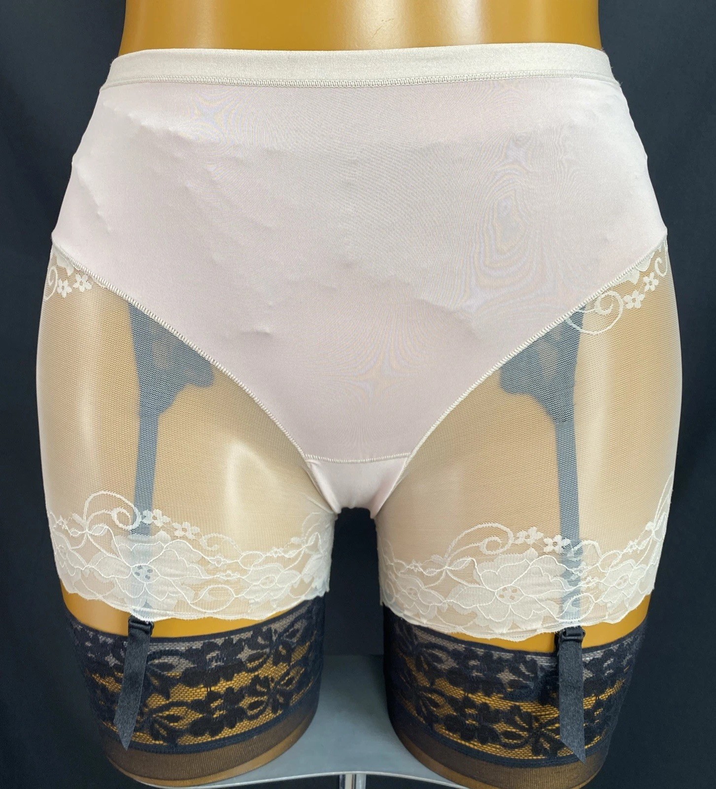 Knickers/Shorts, Nude Slippery Satin Poly, Floral Embroidered Sheer Mesh Size L
