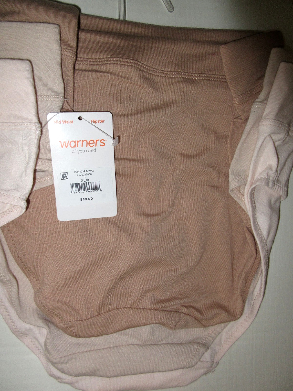 Warners 3-pair HIPSTER Panty No Pinching Dig Free Mid Waist cotton blend ~ 8/XL