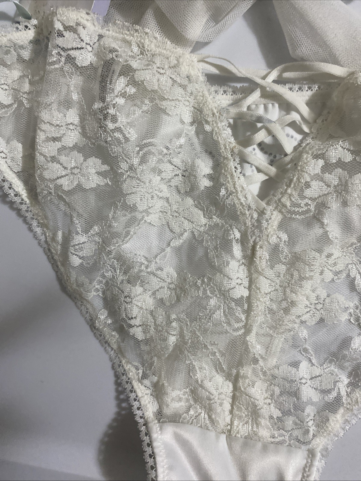 Victorias Secret I DO White Bride Bikini Panties Small Satin Lace V Lace-up Back