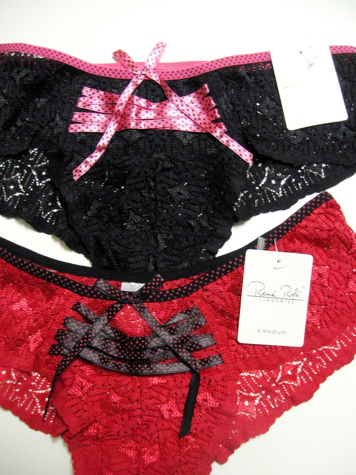 A0169 Rene Rofe NEW All Sheer Lace Panel Front Ribbon Lace-Up Boyshort Red Black