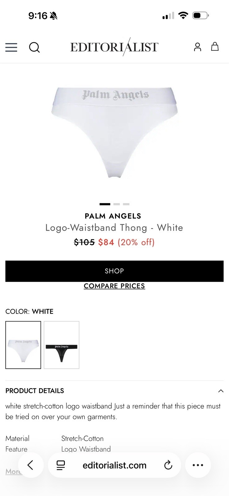 Palm Angels Logo Waistband Stretch Thong Panties White L PWUF002F23FAB0010101