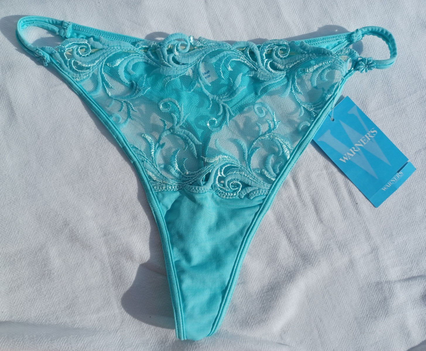 WARNERS Lingerie Beautiful Floral Lace Thong String in Lagoon Teal Shade Size S