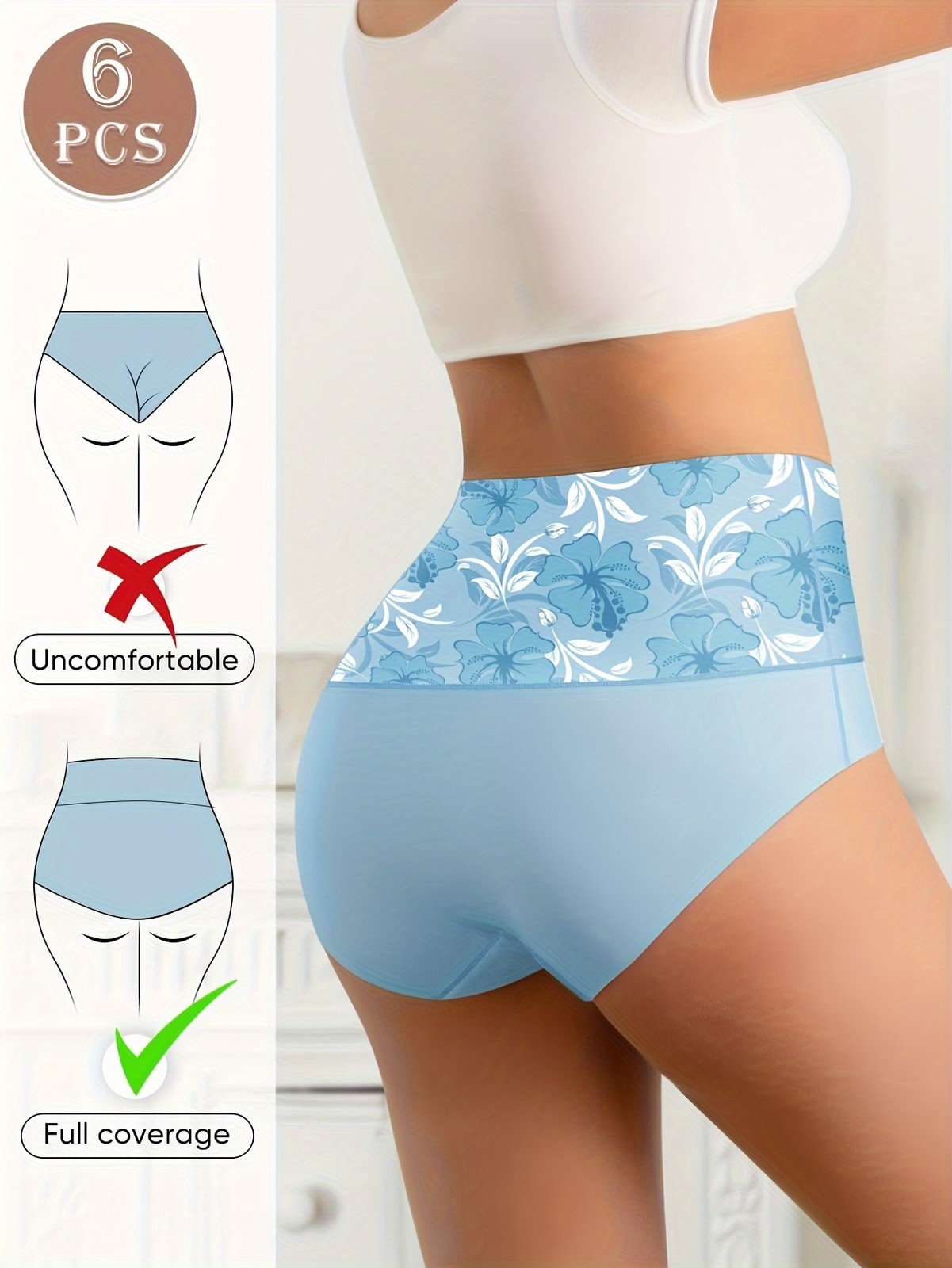 6pcs Seamless Floral Print High Waist Briefs, Sexy Comfy Breathable Stretchy Int