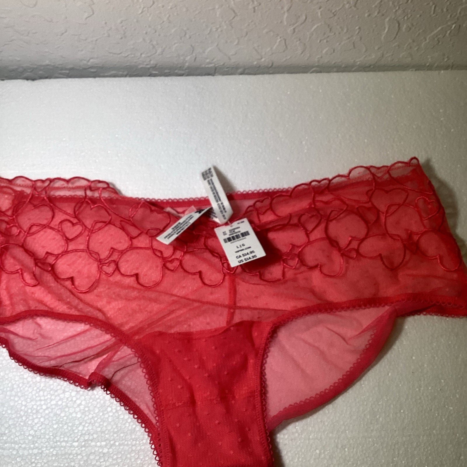 Women’s Red Sheer Mesh Heart Pattern Boyshort Panties, Size L/G