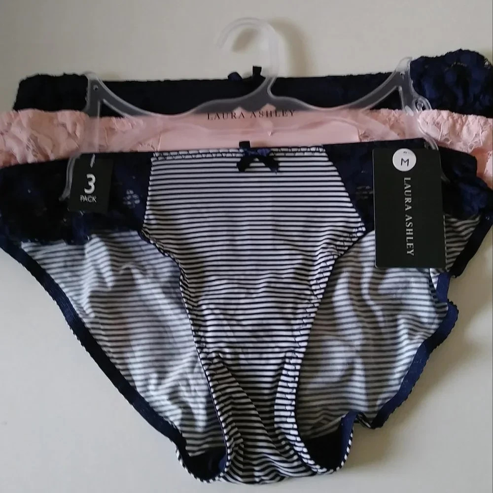 3 Laura Ashley Hipster Panties Black Pink Solid & Floral Lace Accents Wms L $30