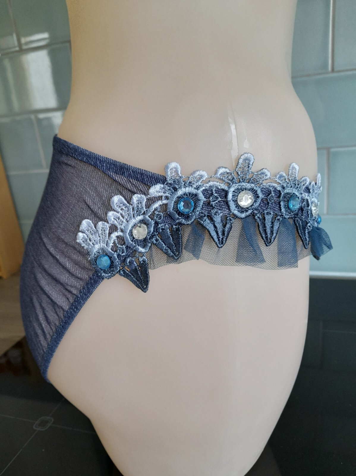 Janet Reger London Sheer Blue Denim Mesh Hipster Brief Lace/Jewels/Ruffles