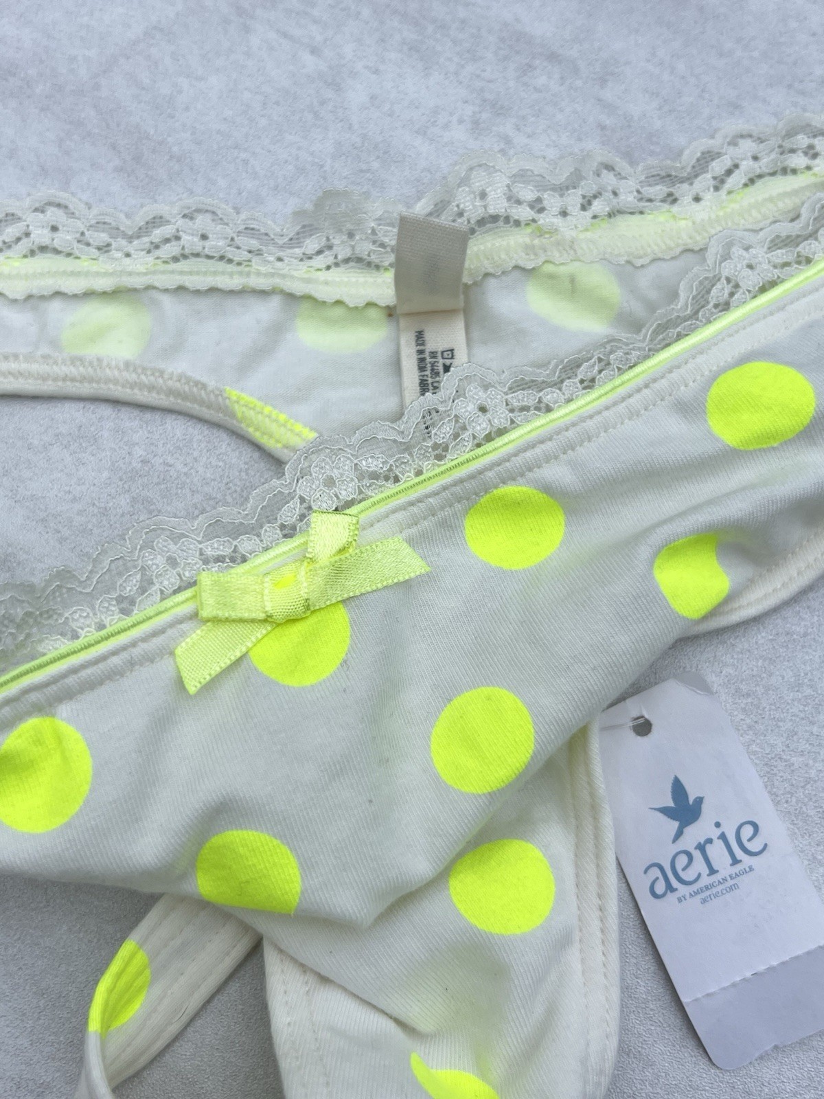 Aerie Cream Neon Yellow Polka Dot Lace Trim Soft Stretch Cotton Thong Rare New
