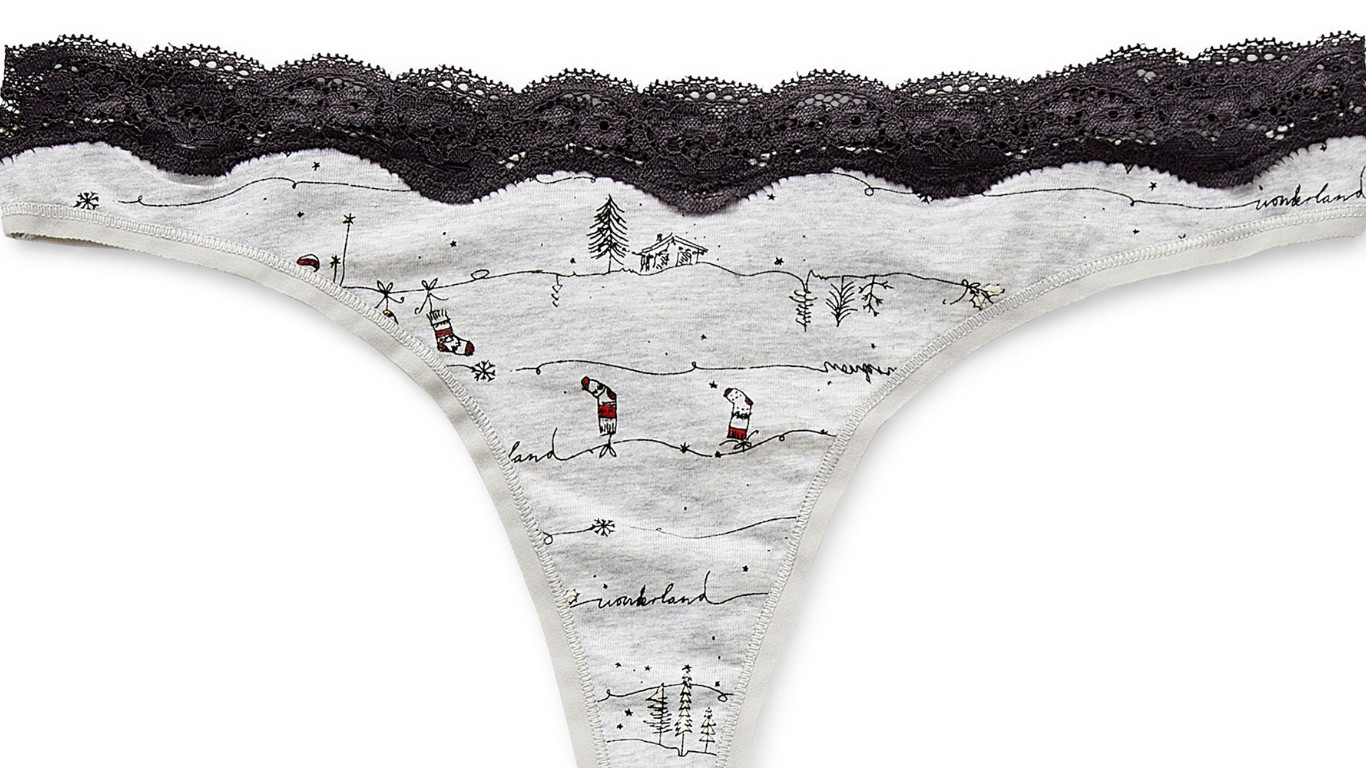 AMBRIELLE 3X Organic Cotton Thong Panty Wonderland Print Lace Waist Holiday NWT