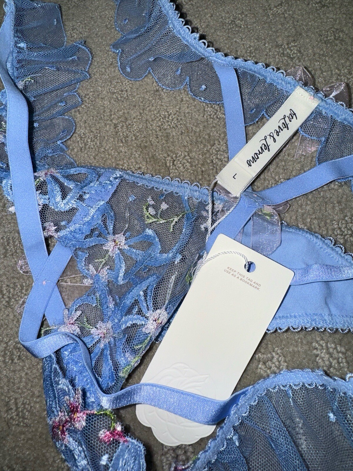 Victoria Secret For Love And & Lemons Thong Panty Ruffle Embroidered L blue New