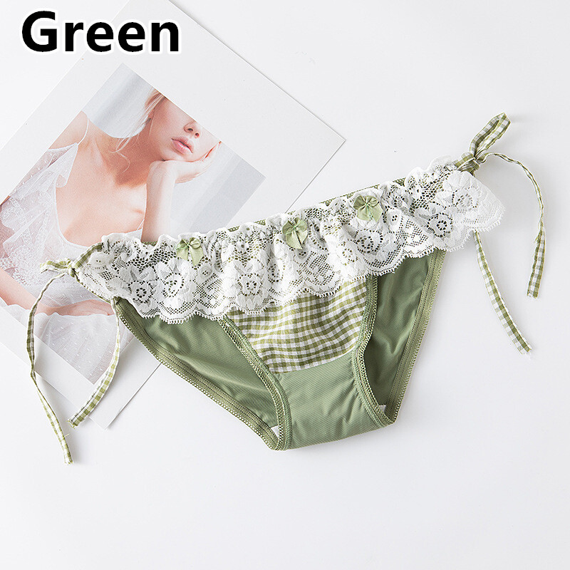 Ladies Check Panties Lace Up Thong Underwear French Knickers Briefs Lolita Cute