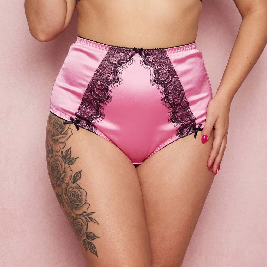 High Waist Vintage Style Knickers, Satin & Eyelash Lace – Pink, Black or White