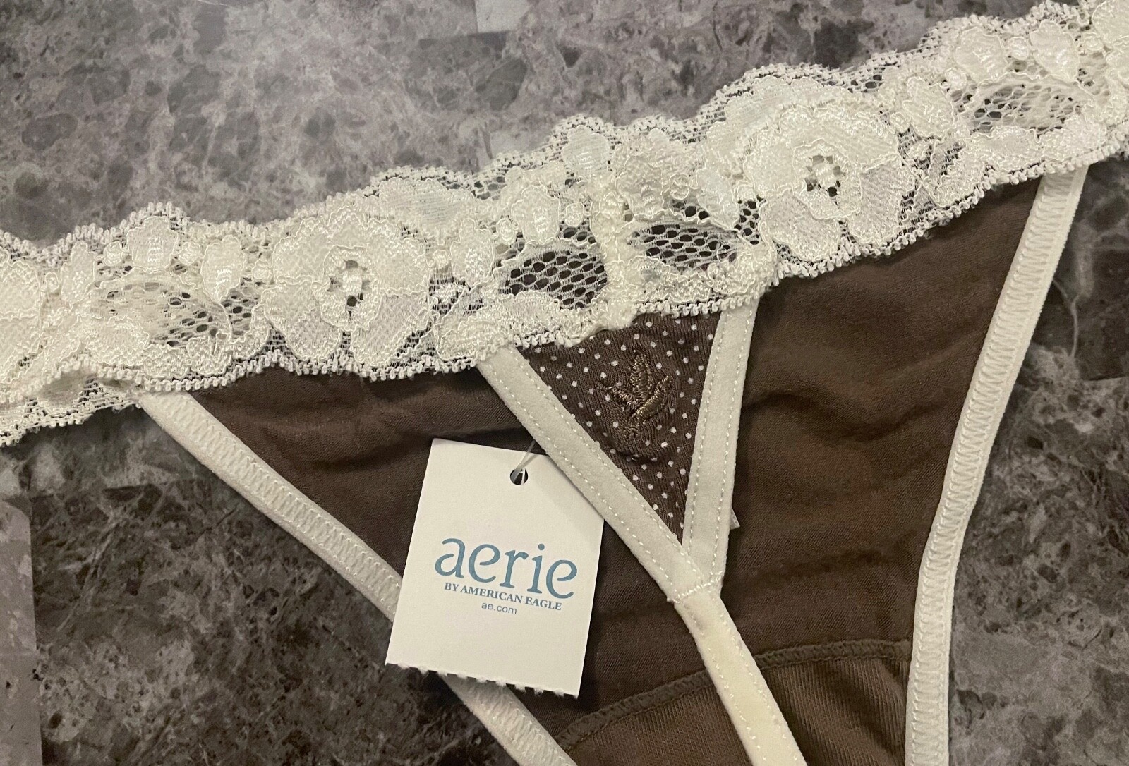 AERIE AMERICAN EAGLE L POLKA DOT MODAL BLEND LACE VINTAGE RARE V STRING PANTIES