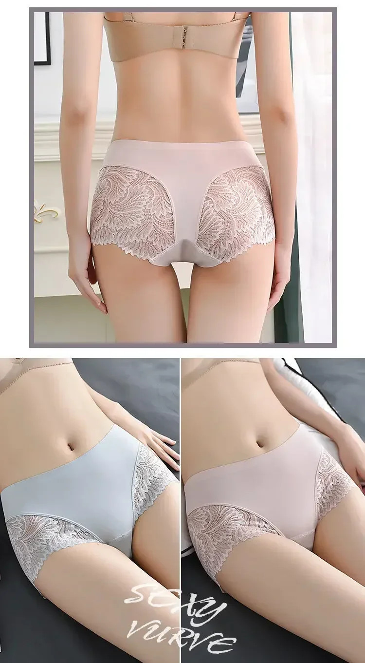 Mid Rise Silk Lace Panties Women Seamless Soft Stretch Breathable Comfort Briefs