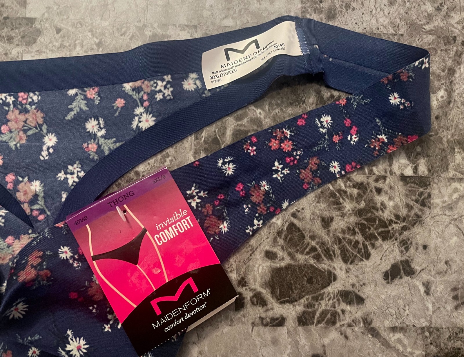 NWT MAIDENFORM 2XL XXL SMOOTH BLUE FLORAL INVISIBLE COMFORT BONDED THONG PANTIES