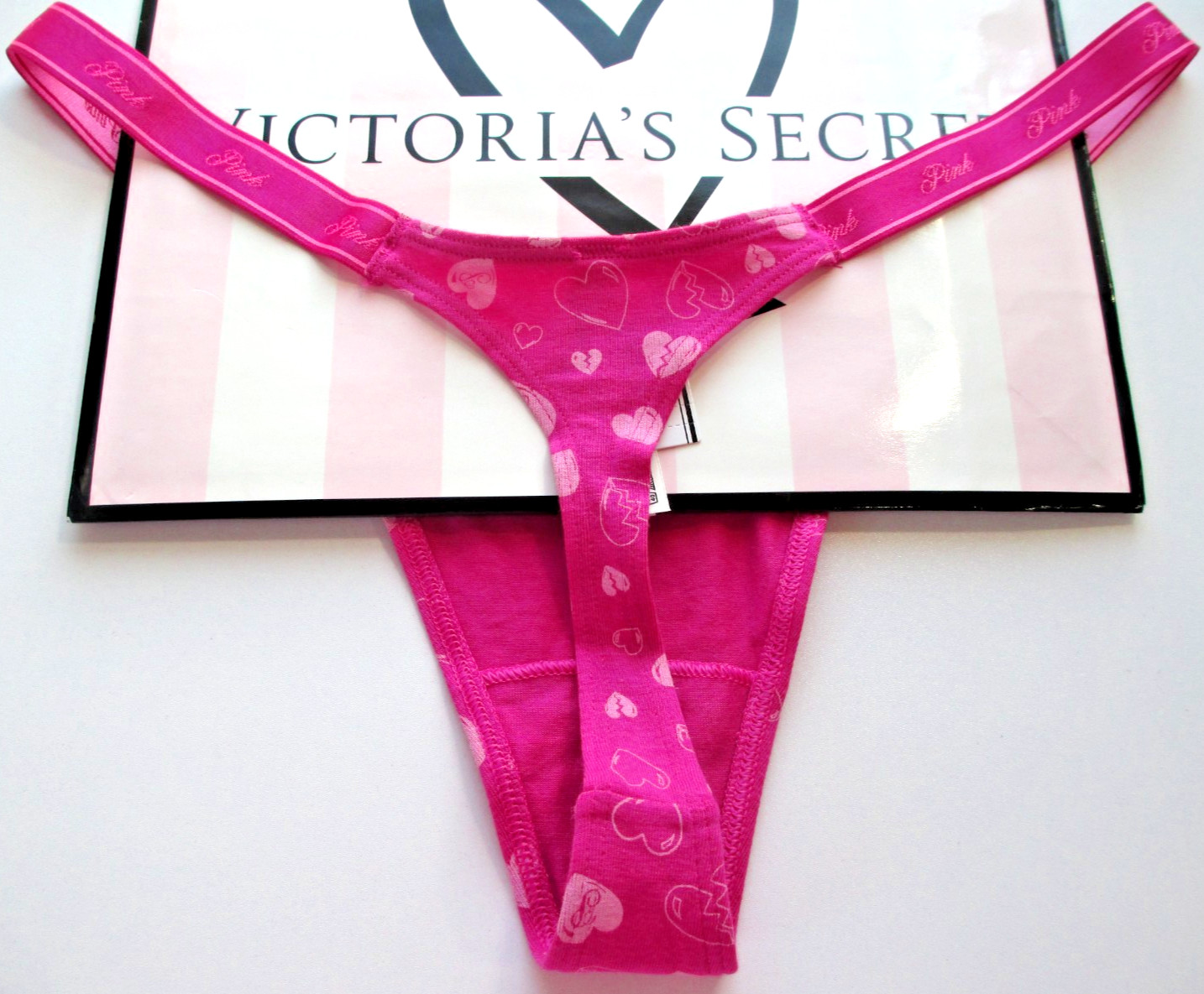 VICTORIA’S SECRET PINK Cotton High Leg Micro Thong Panty VS Pink Hearts S M L