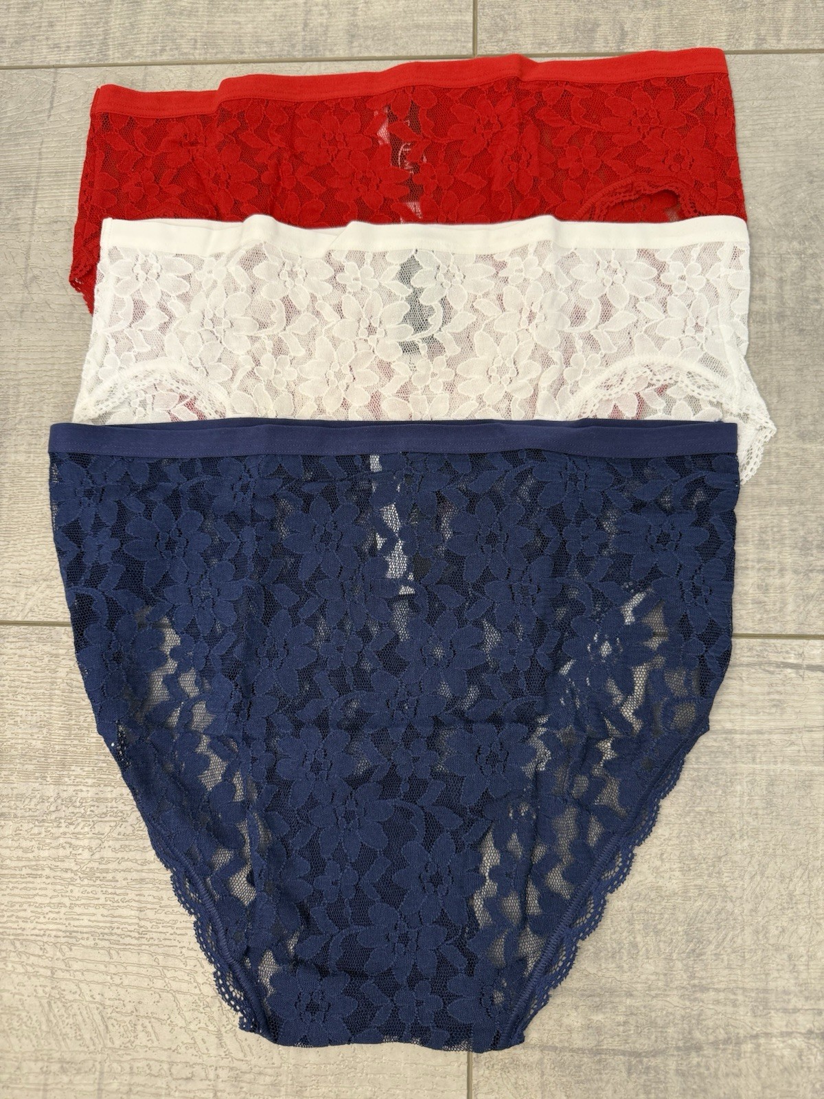 Women’s Adore Me Elite 3 Pack Hi Cut All Over Lace Red White Blue Panties Large