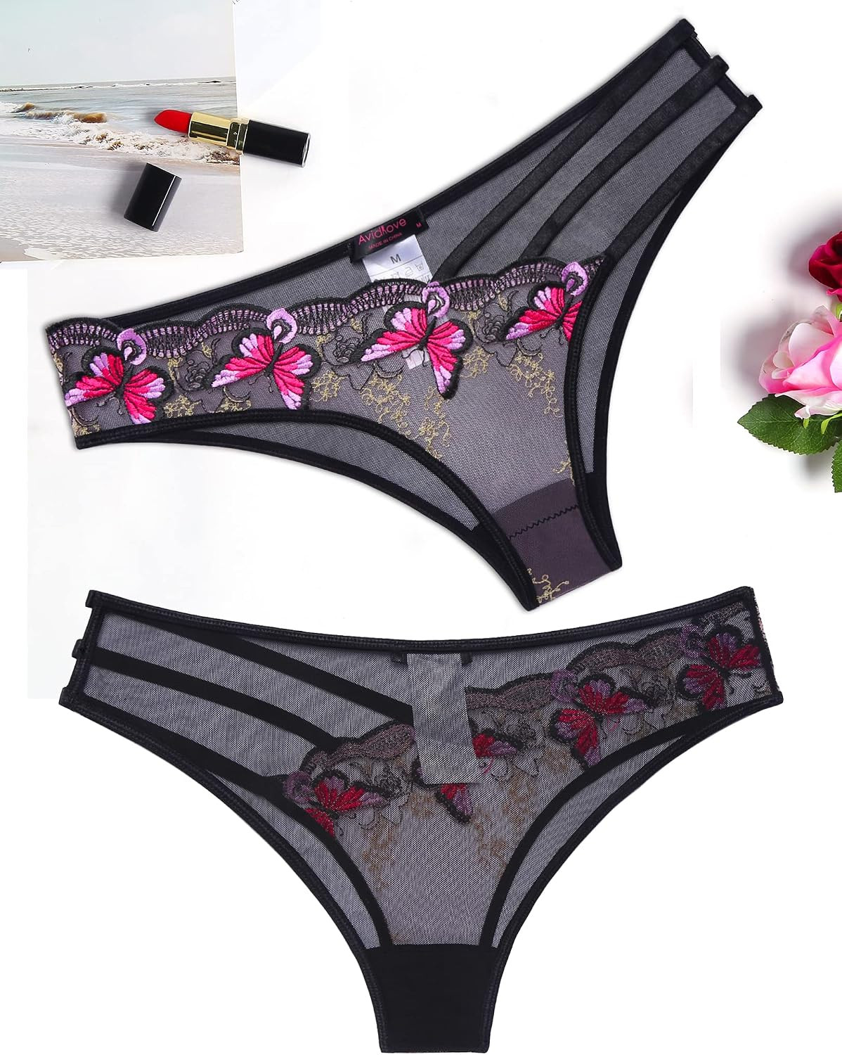 Sexy Panties for Women Butterfly Embroidered Underwear Mesh Panties Pack