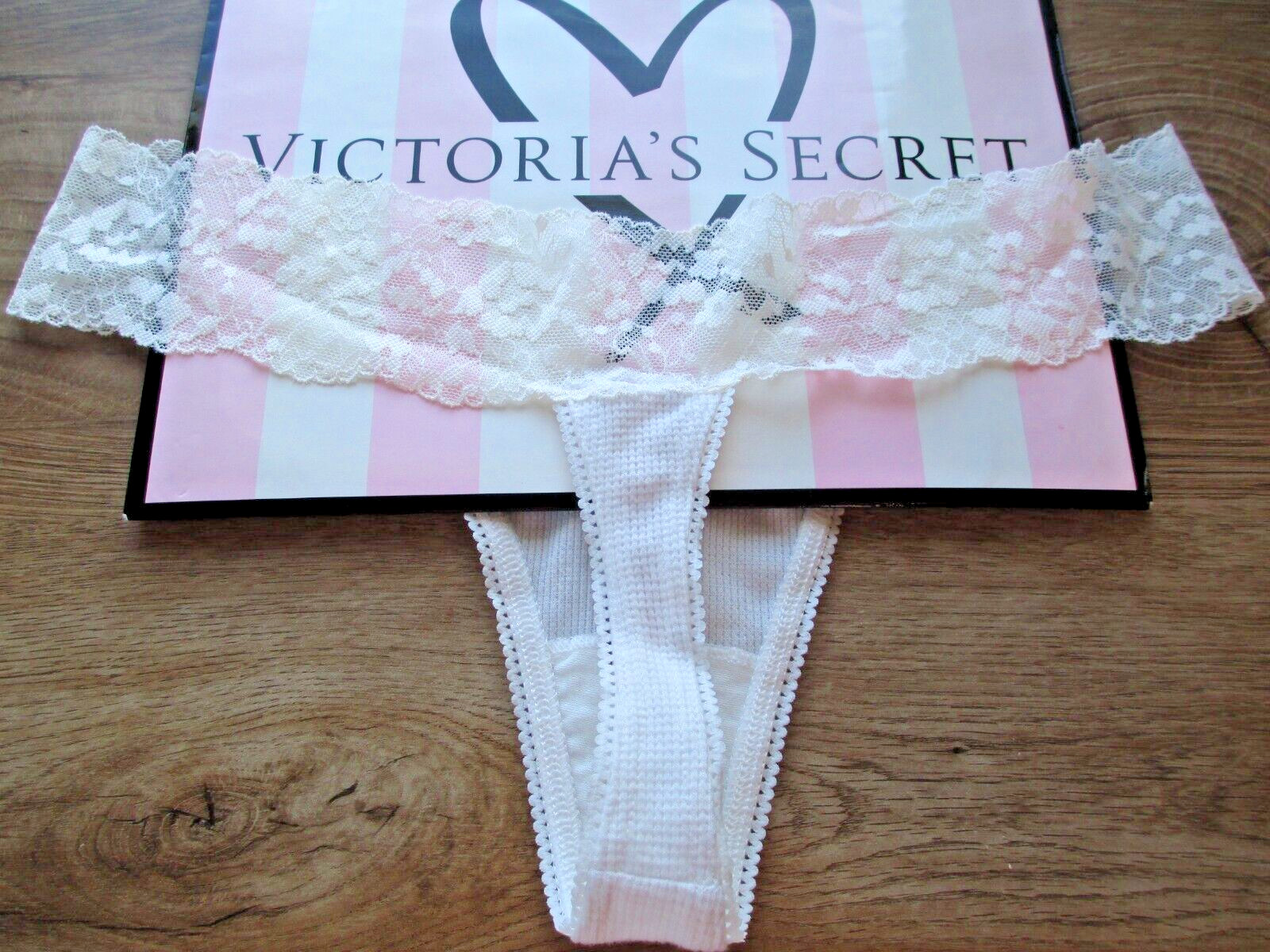 VICTORIA’S SECRET Thermal Thong Panty VS Coconut White M L Lace Waist NWT