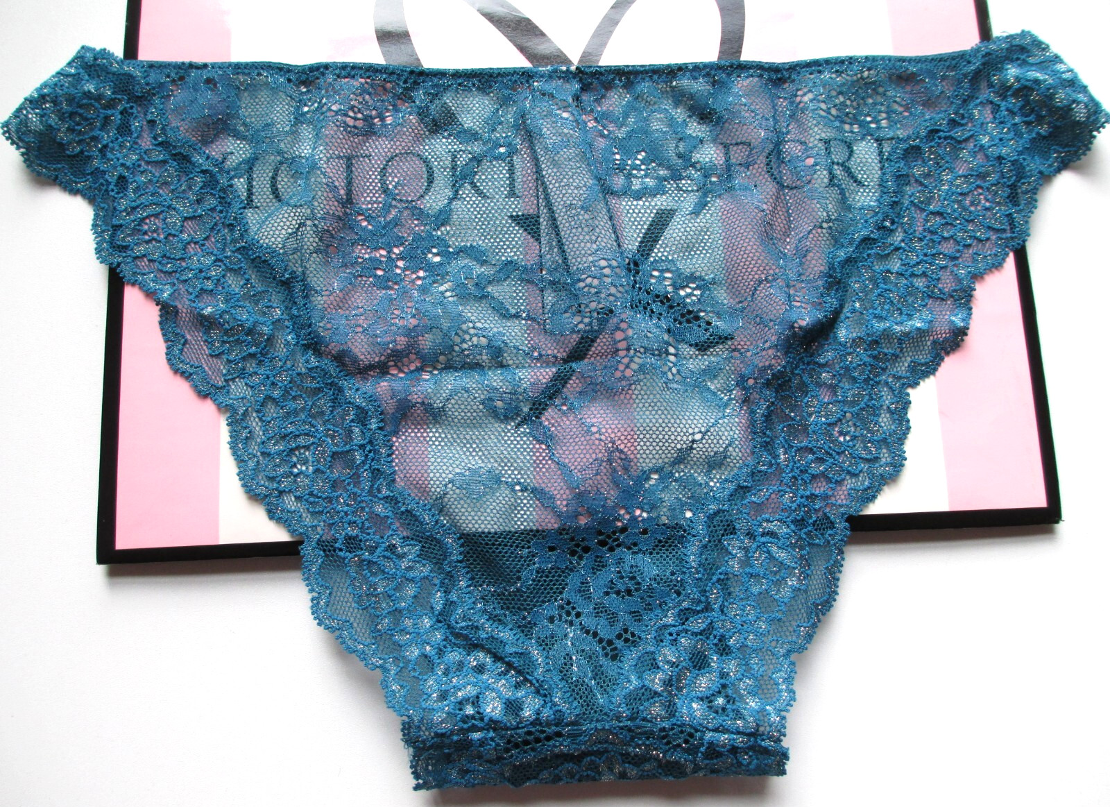 VICTORIA’S SECRET DREAM ANGELS Cheekini Bikini Panty S Blue NWT Lace Shine VS