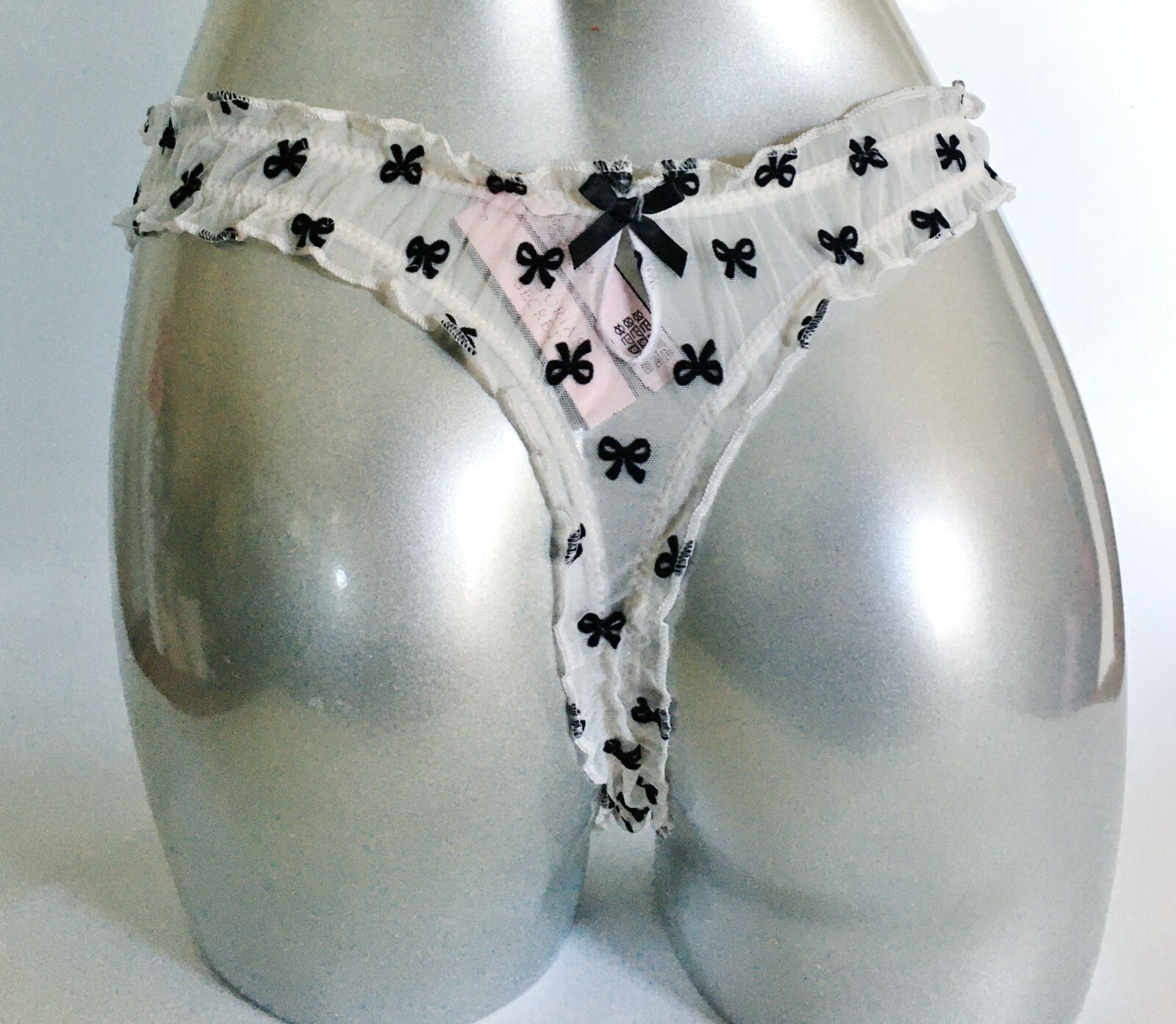 Victorias Secret Dream Angels Ruffle Mesh Thong Panty White w/ Black Bows L Nwt