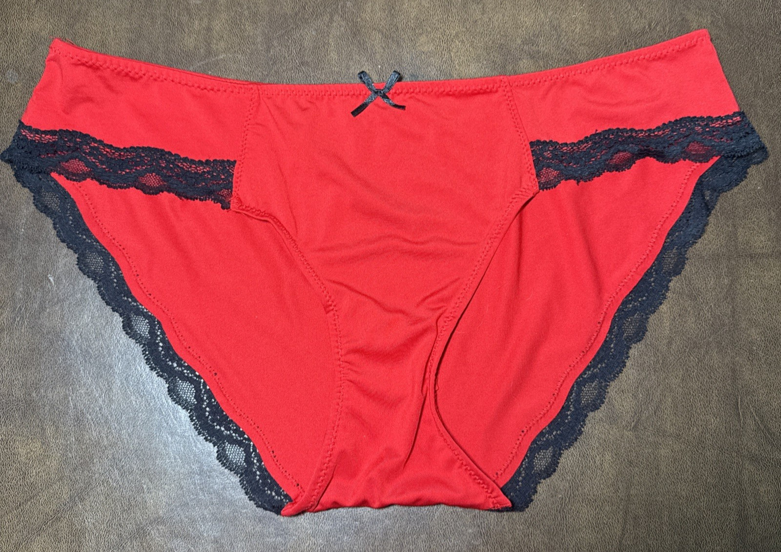 NWOT Vtg Lipstick Red Black Lace Satin Bow HI Cut Panties Underwear Sz 8 XL