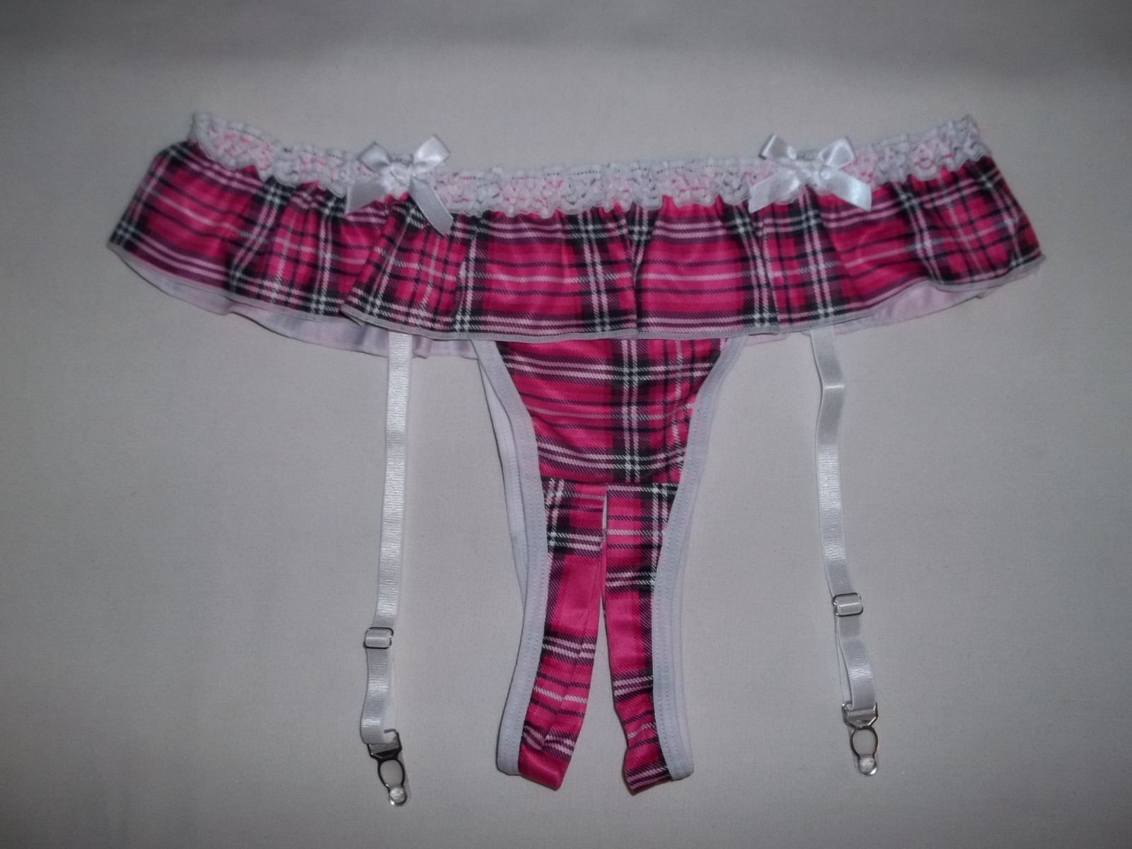 Shein plaid overlay waist crotchless garter strap thong panties S pink w/white