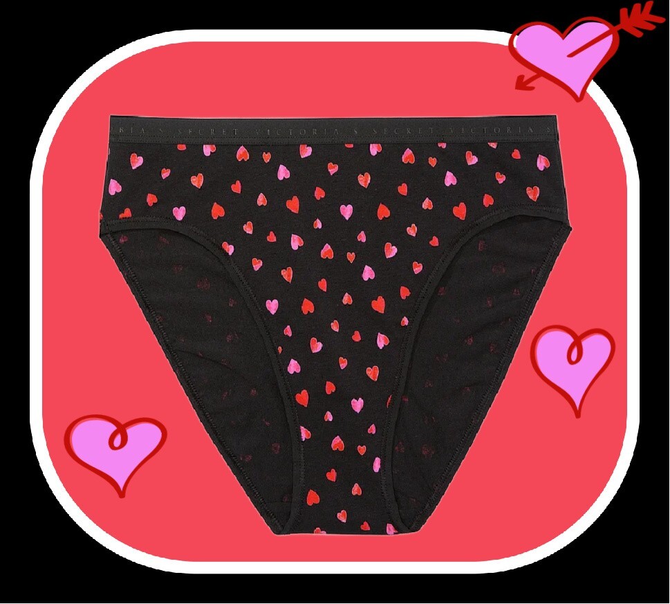 M Black Red Pink Heart Stretch Cotton Victorias Secret HighLeg Waist Brief Panty