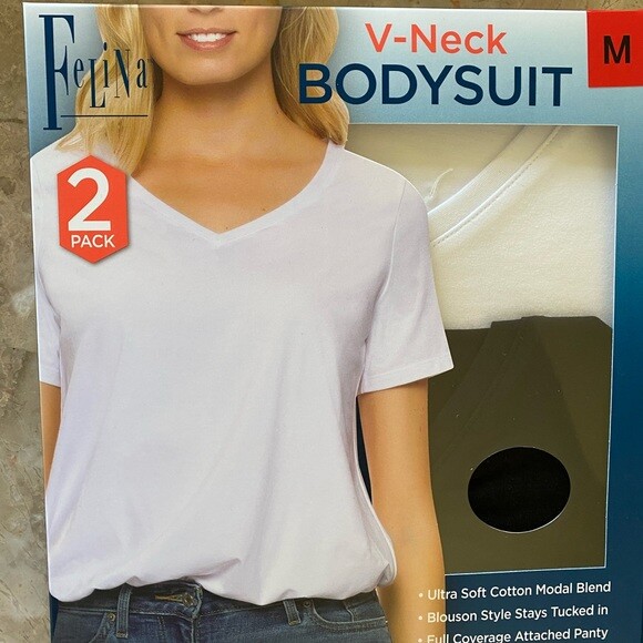 Felina 2 Pack V-Neck Bodysuit Blouson Style Full Coverage Ultra Soft Sizes NEW!