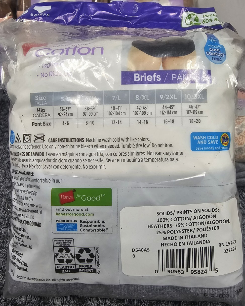 6 X Hanes Cool Comfort 5 pack Cotton Tagless Briefs Size 8 /XL TOTAL 30 BRIEFS