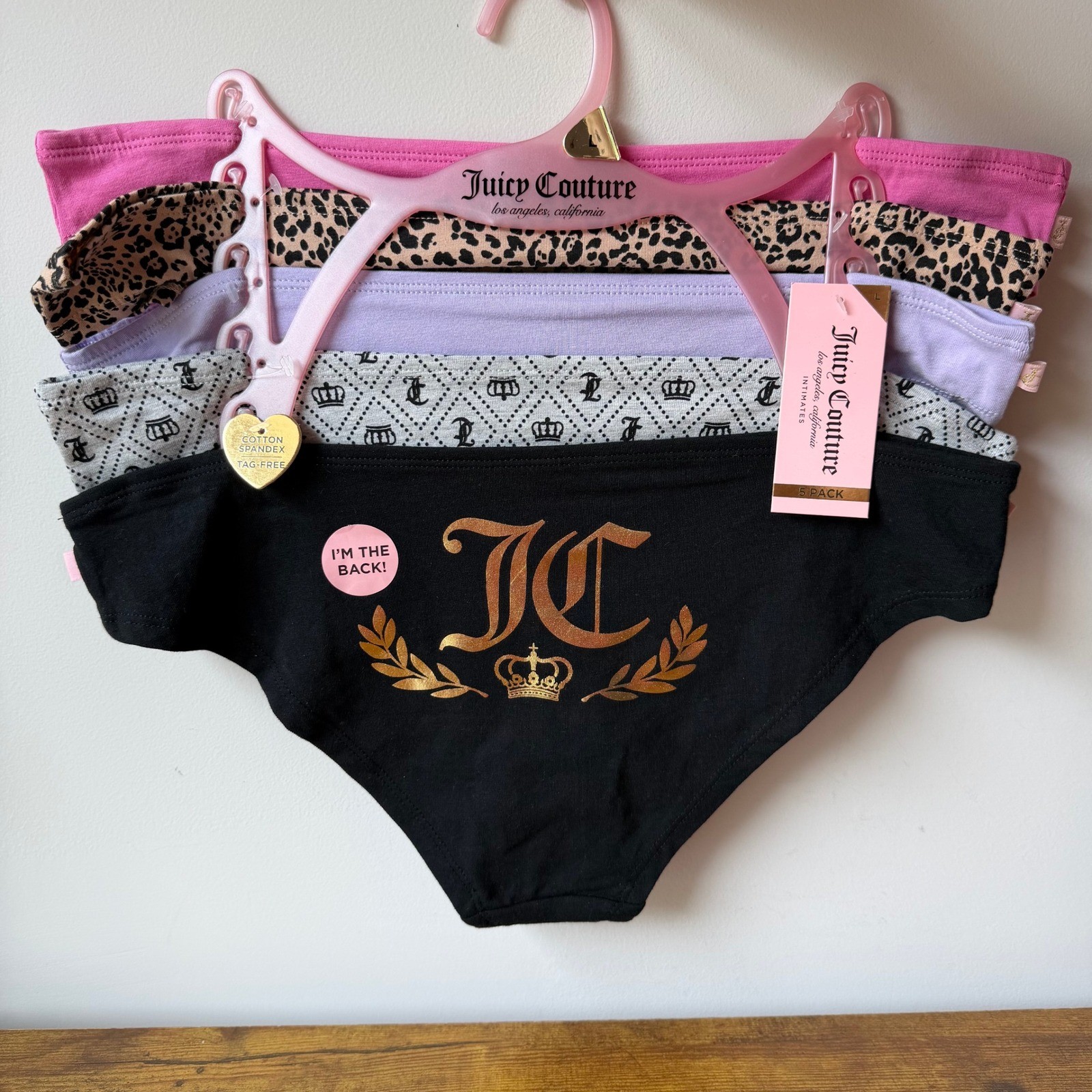NWT Juicy Couture Large 5 pck Panties Underwear Cotton Pink Leopard Grey Black