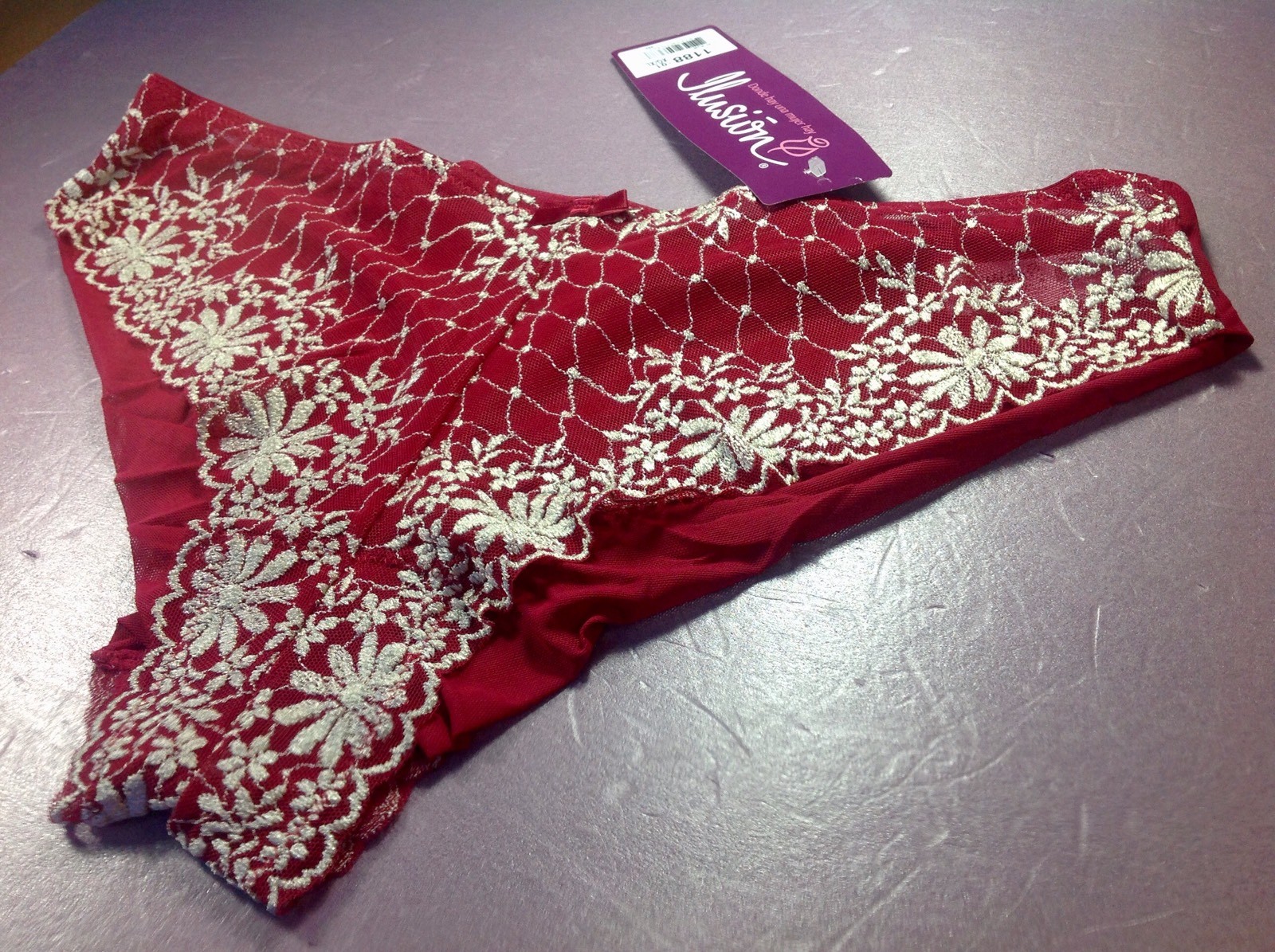 Women Panties,bikinis ILUSION Size L. Red Floral W/gauze Fishnet Decoration