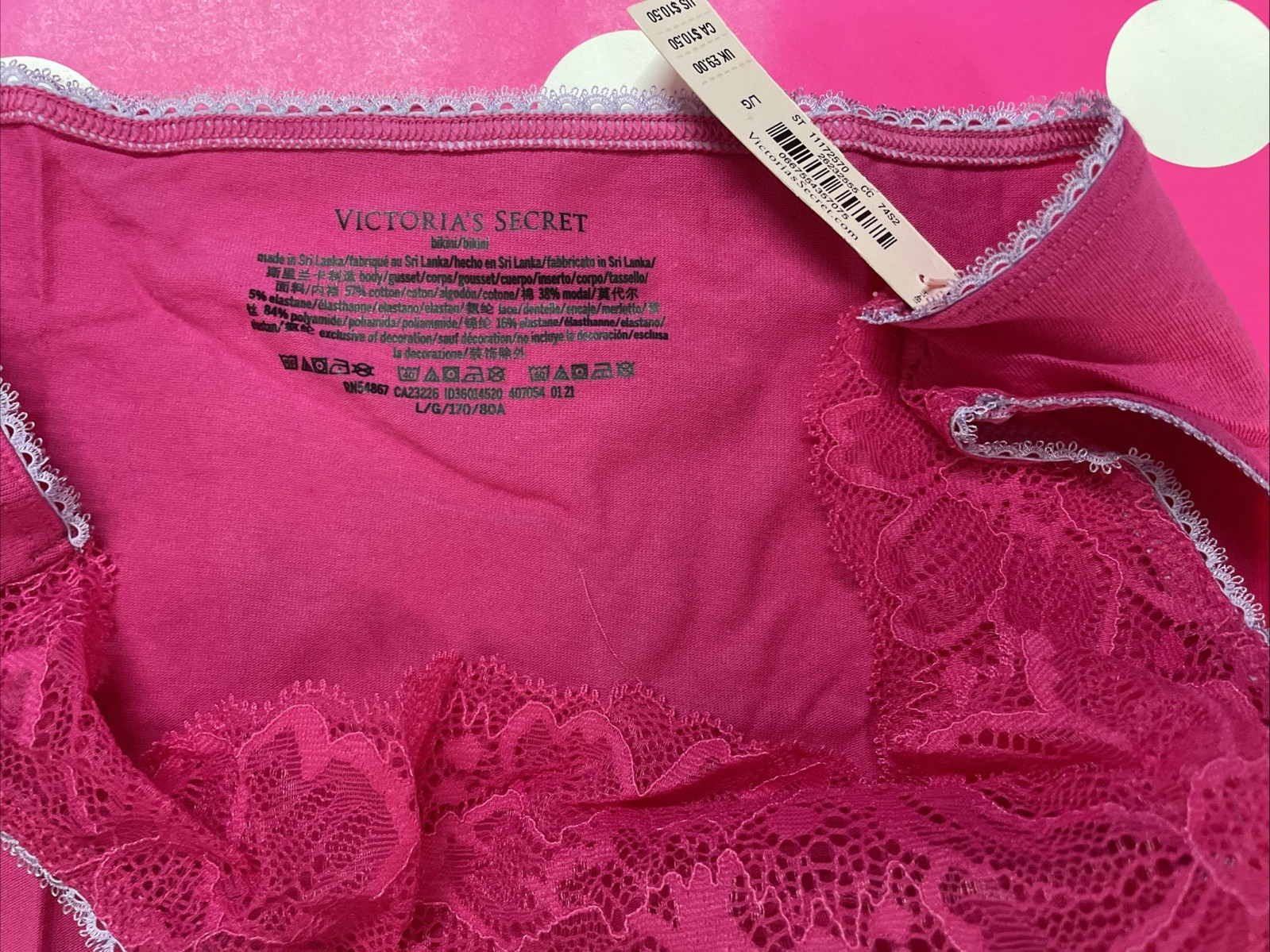NEW 2021 Victoria’s Secret Bikini Panties Cotton Lace Front L Fuchsia Pink Panty