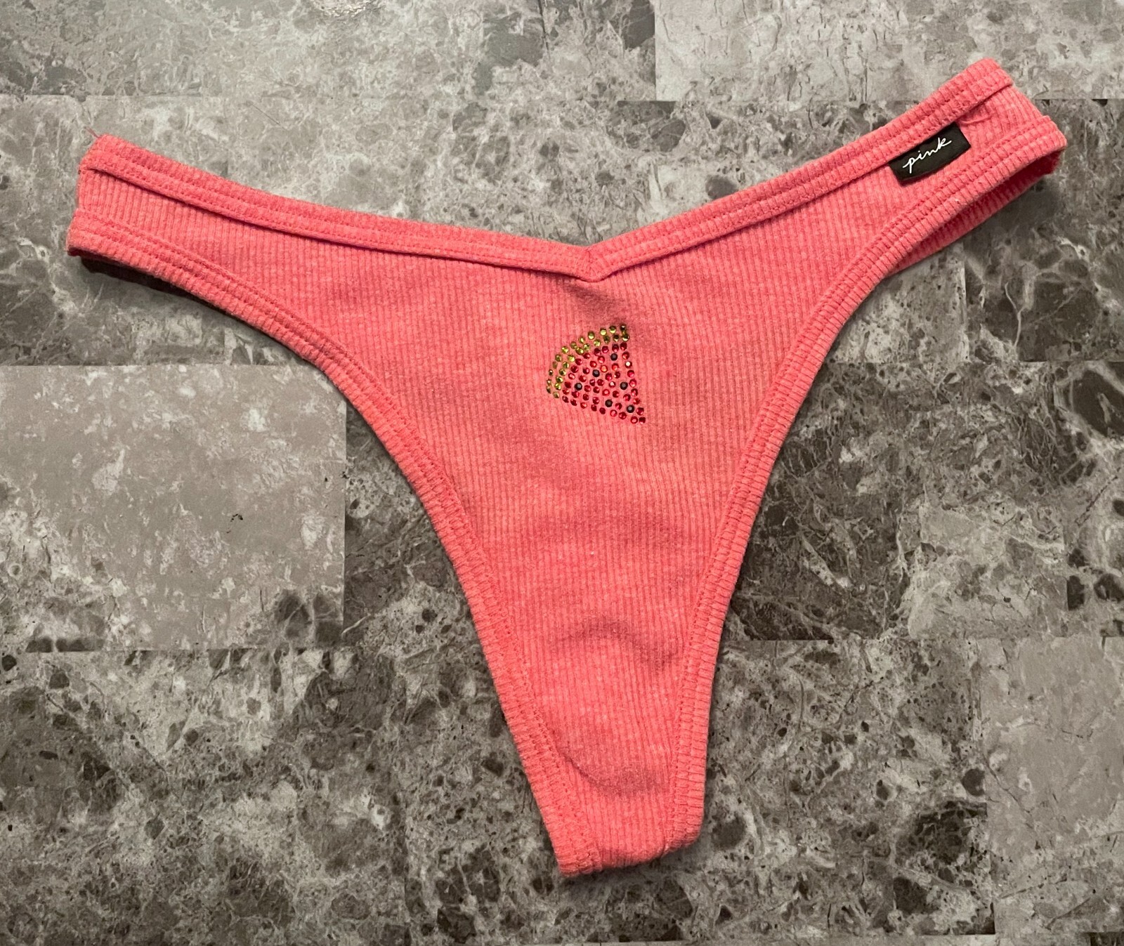 NWT VICTORIA’S SECRET PINK RED WATERMELON RHINESTONE RIBBED KNIT THONG PANTIES