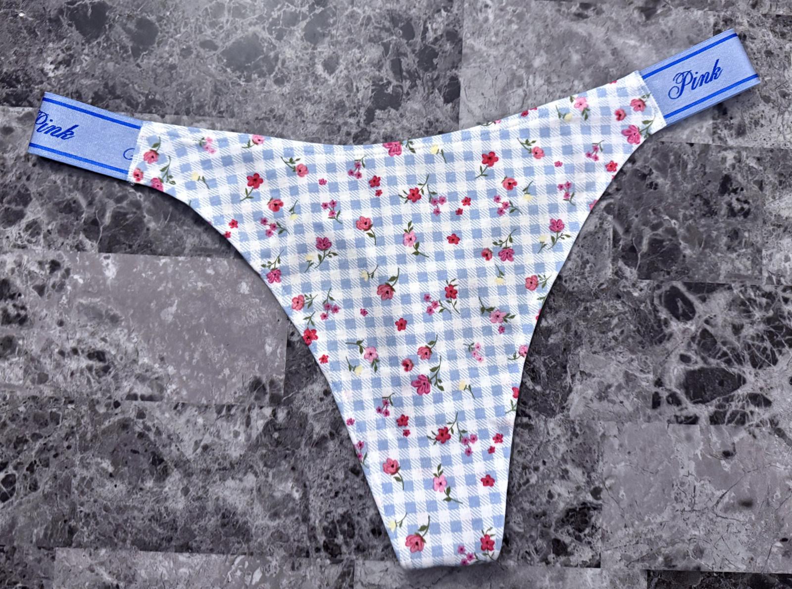 NWT VICTORIA’S SECRET PINK GINGHAM FLORAL THICK LOGO SIDE STRAP THONG PANTIES
