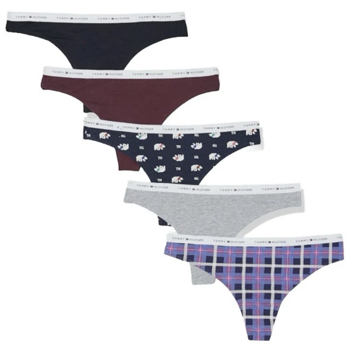 Tommy Hilfiger Women’s Cotton Thong Underwear Panties 5-Pack Large Polar Bear