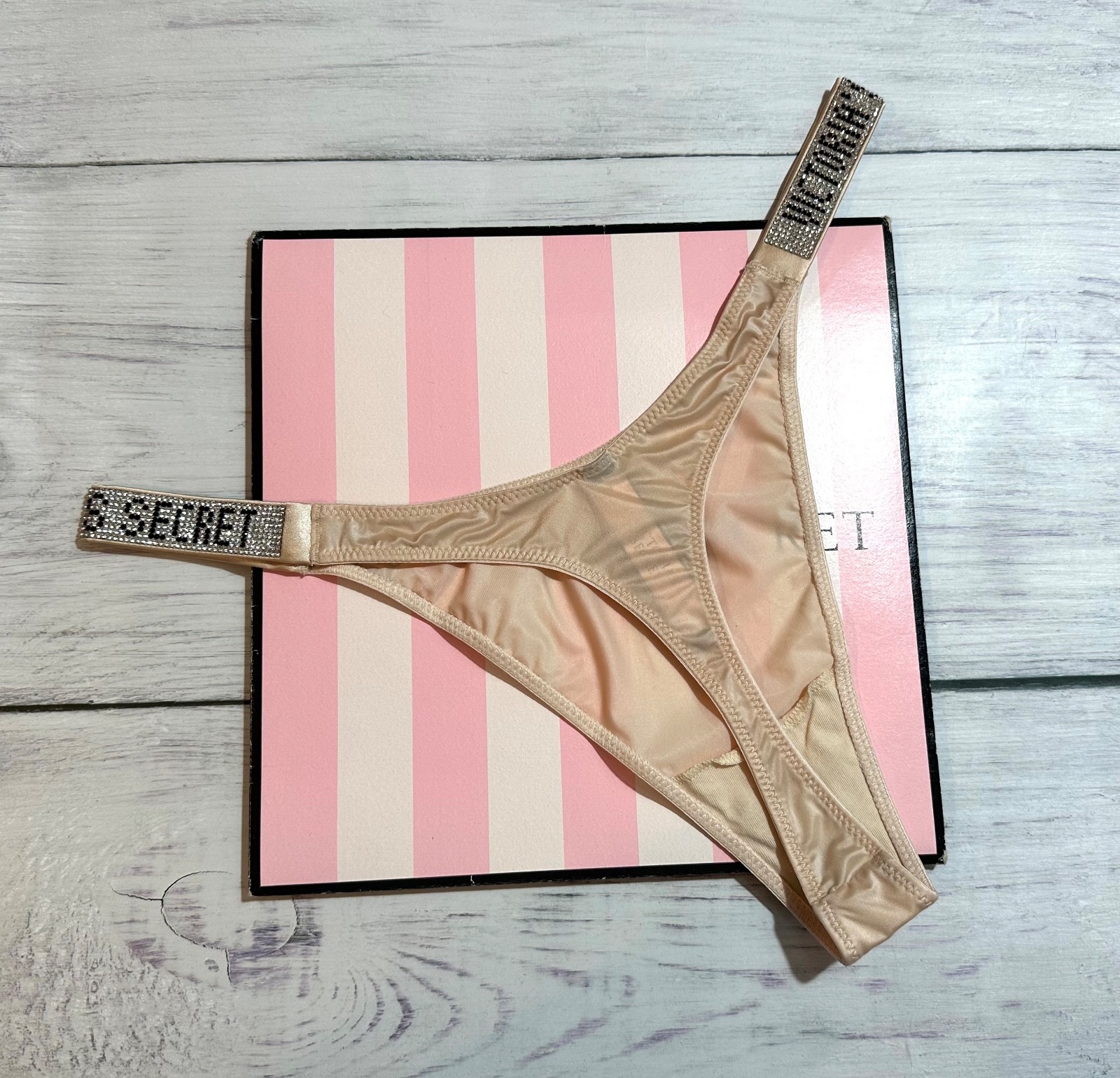 Victoria’s Secret Shine Strap Thong Bling Panty Rhinestone Champagne L