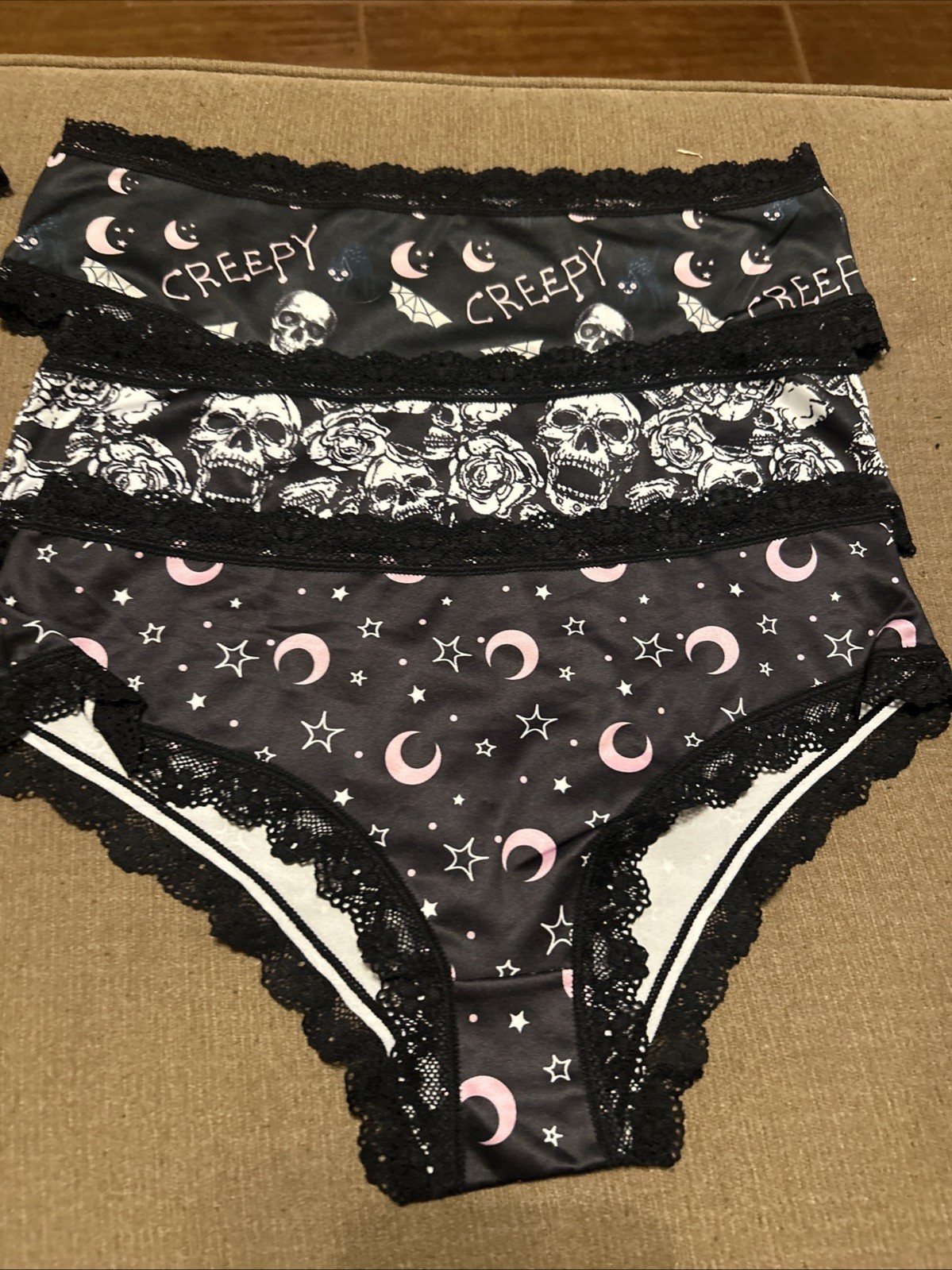 Morvia 3pk lace trim Skater goth Skater Emo Biker panties L Sun Skull Stars New