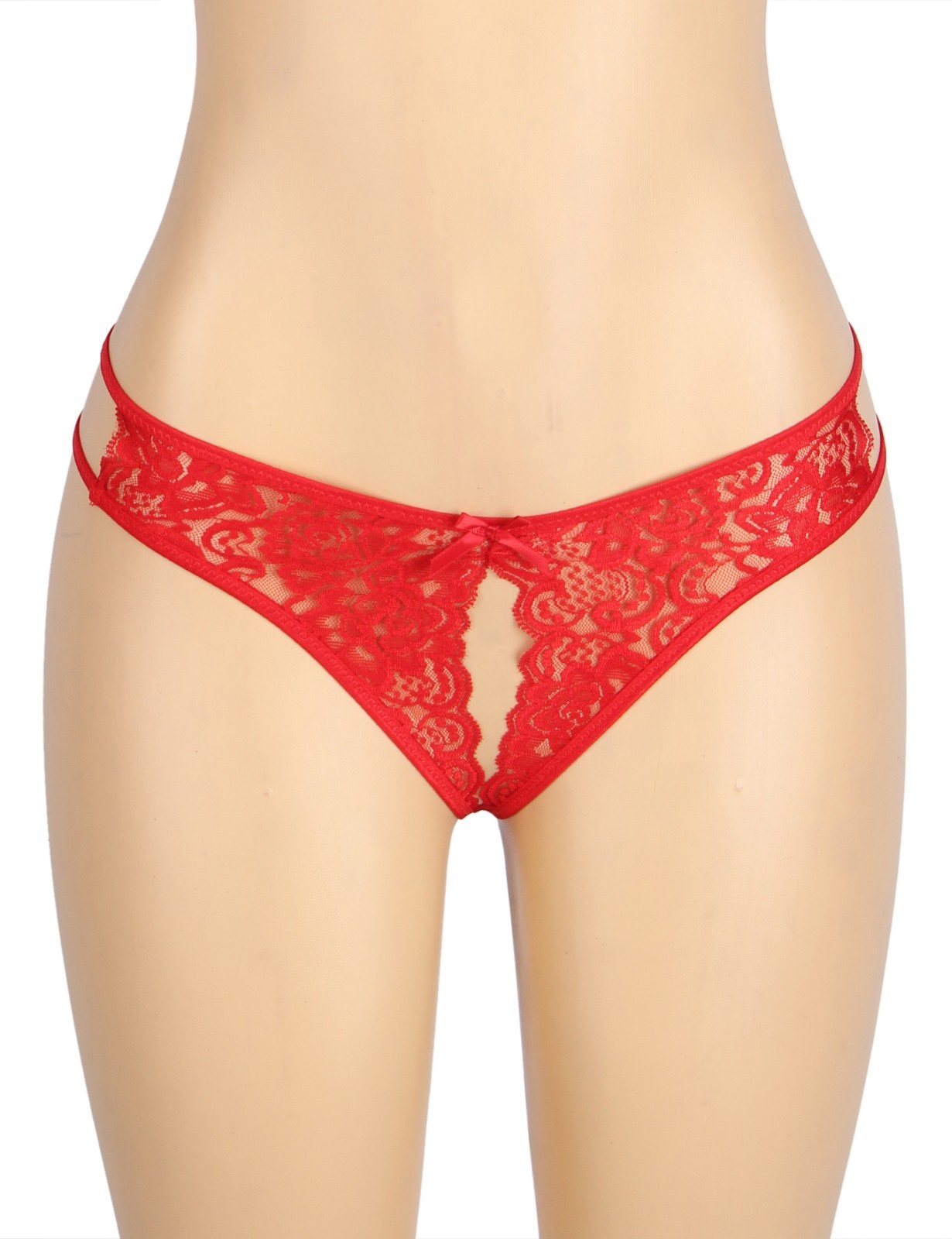 WOW BABE Red Floral Lace Bow Detail Open Crotch French Knickers Panty Size 10