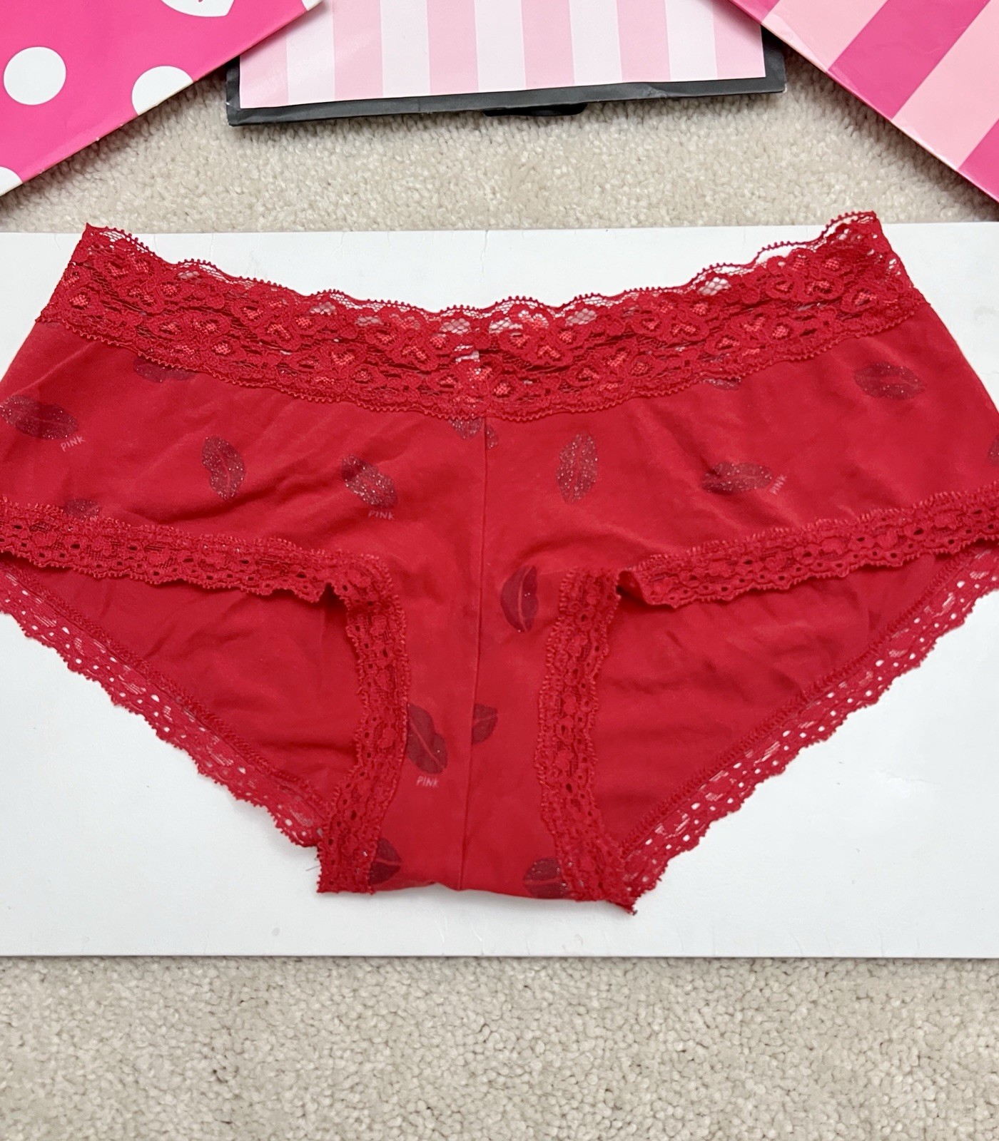 VTG Victoria’s Secret Sexy Little Things Red Lips Satin lace Boyshort Panties XS