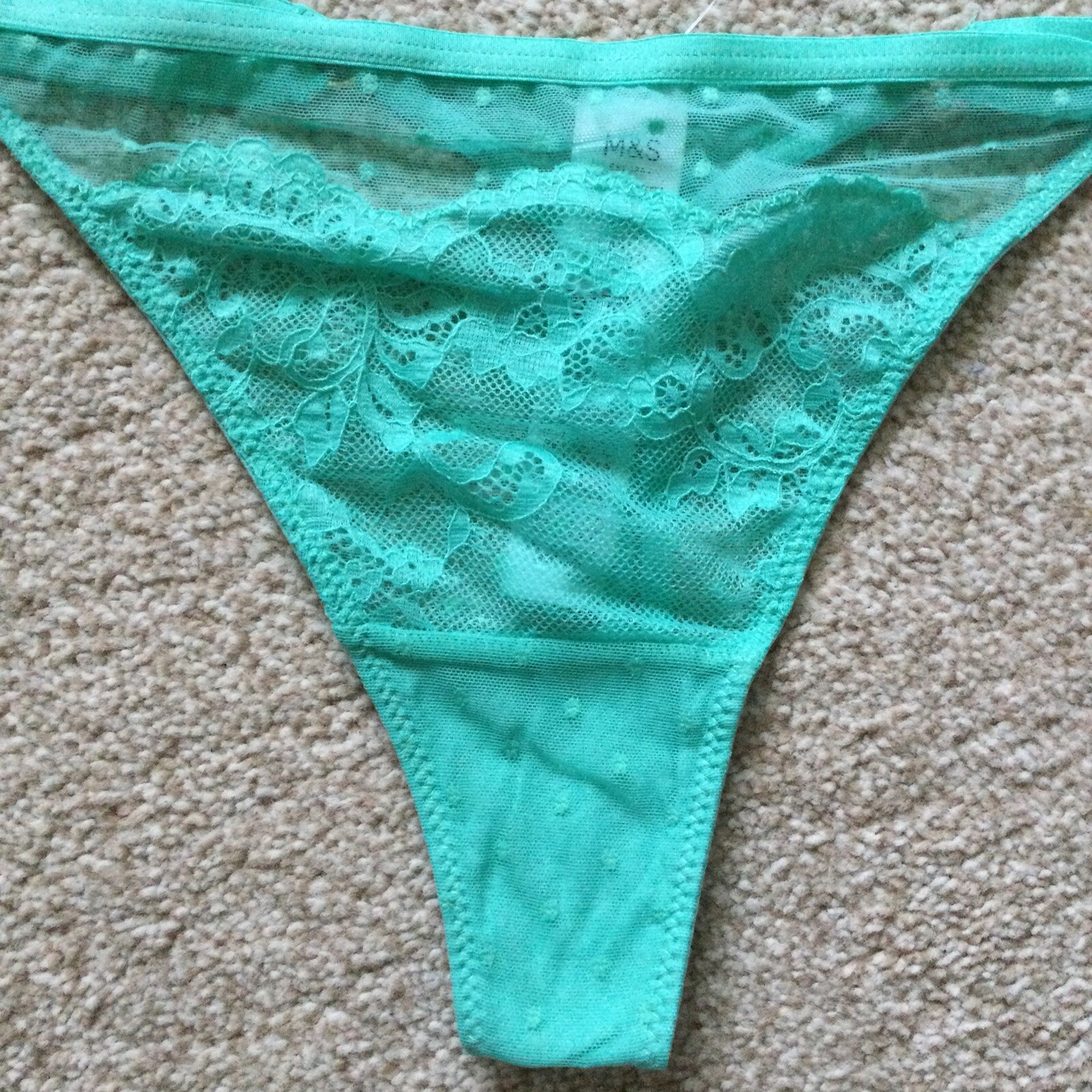 M&S Size 14 Ladies Lace Mesh Thong Knickers Light Jade Green Gold Ring Detail