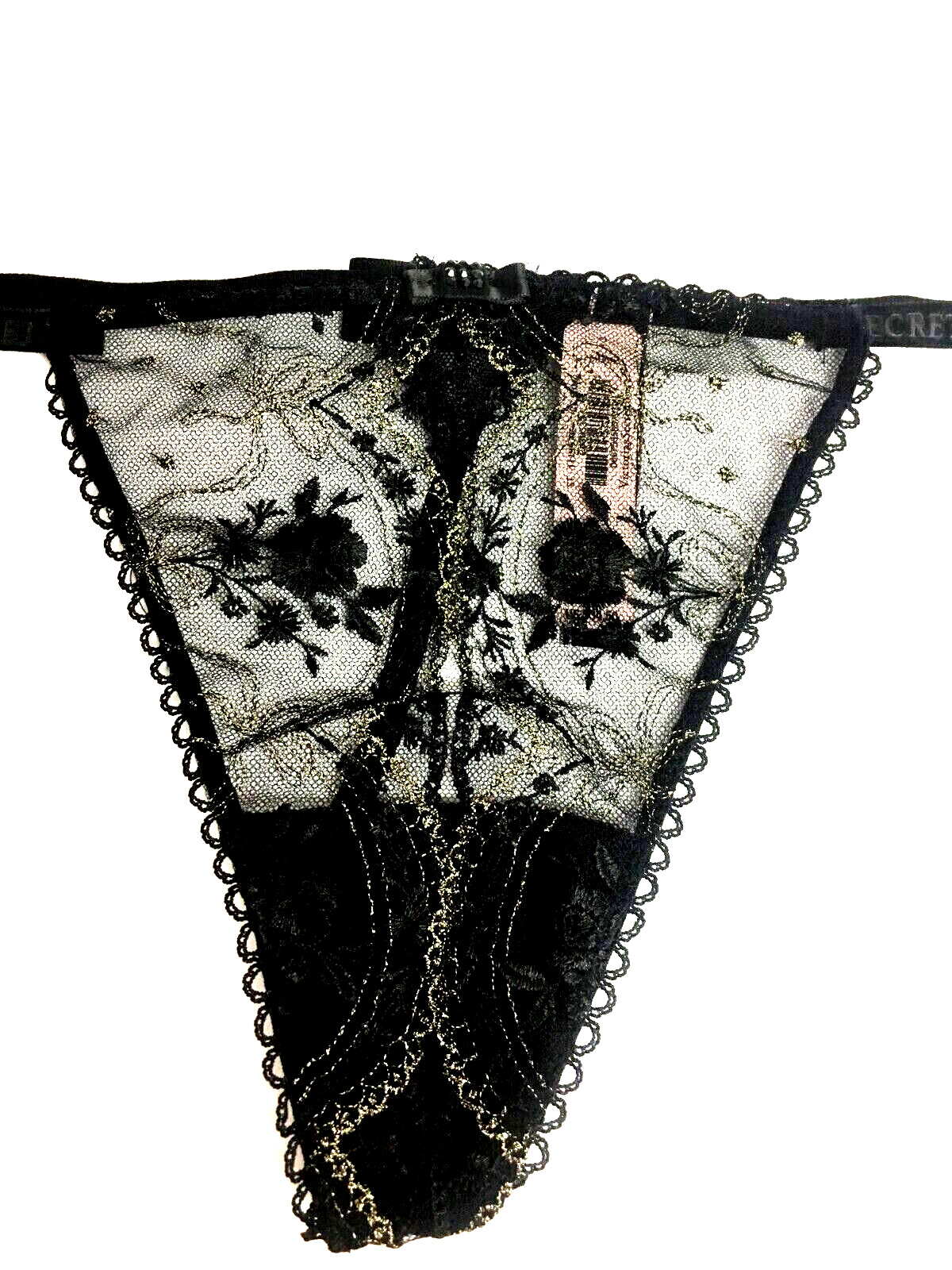 Victorias Secret Very Sexy Black Rose & Bows V-String Thong Panty S Sparkly Mesh