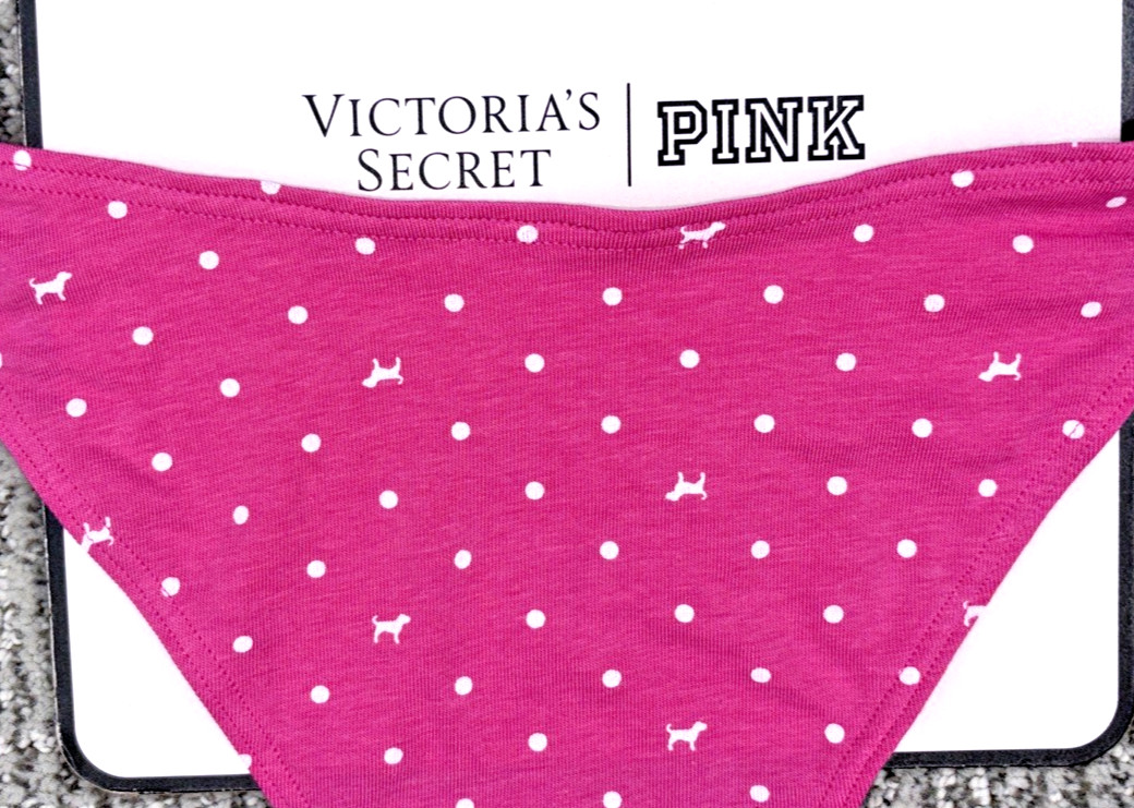 Victoria’s Secret PINK NWT Medium Pink Polka Dot Thong Panty Cute Spellout Sexy