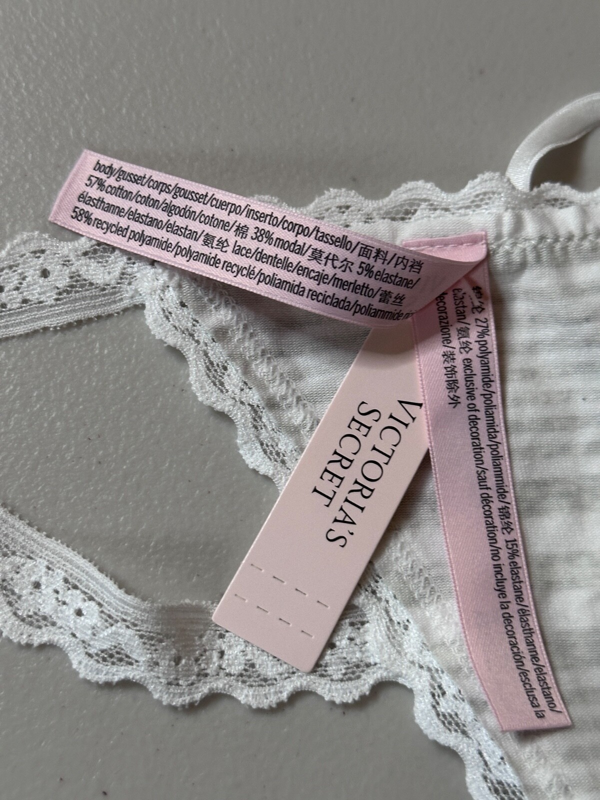 Victoria’s Secret V String Medium White Gray Striped Lace Trim Thong Panties
