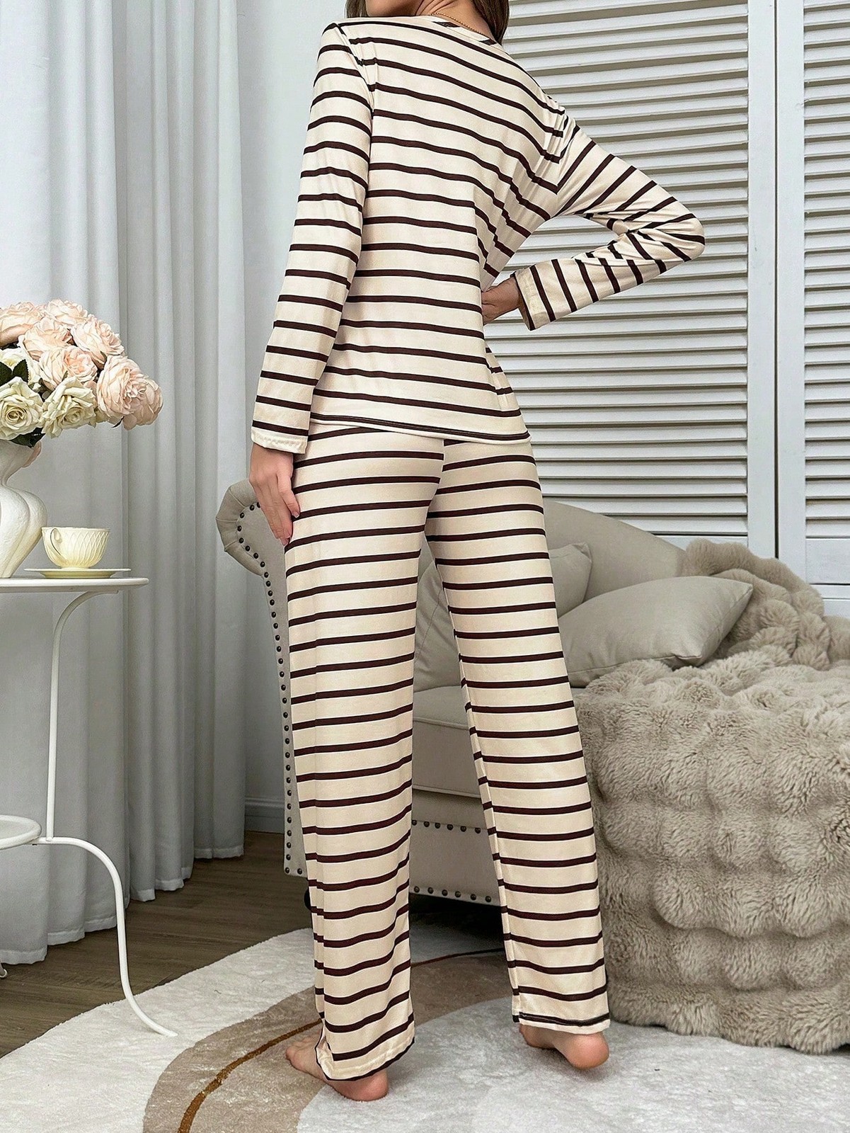 Striped Long Sleeve Top and Trousers Elegant Ladies Pyjama Set For Cheap24