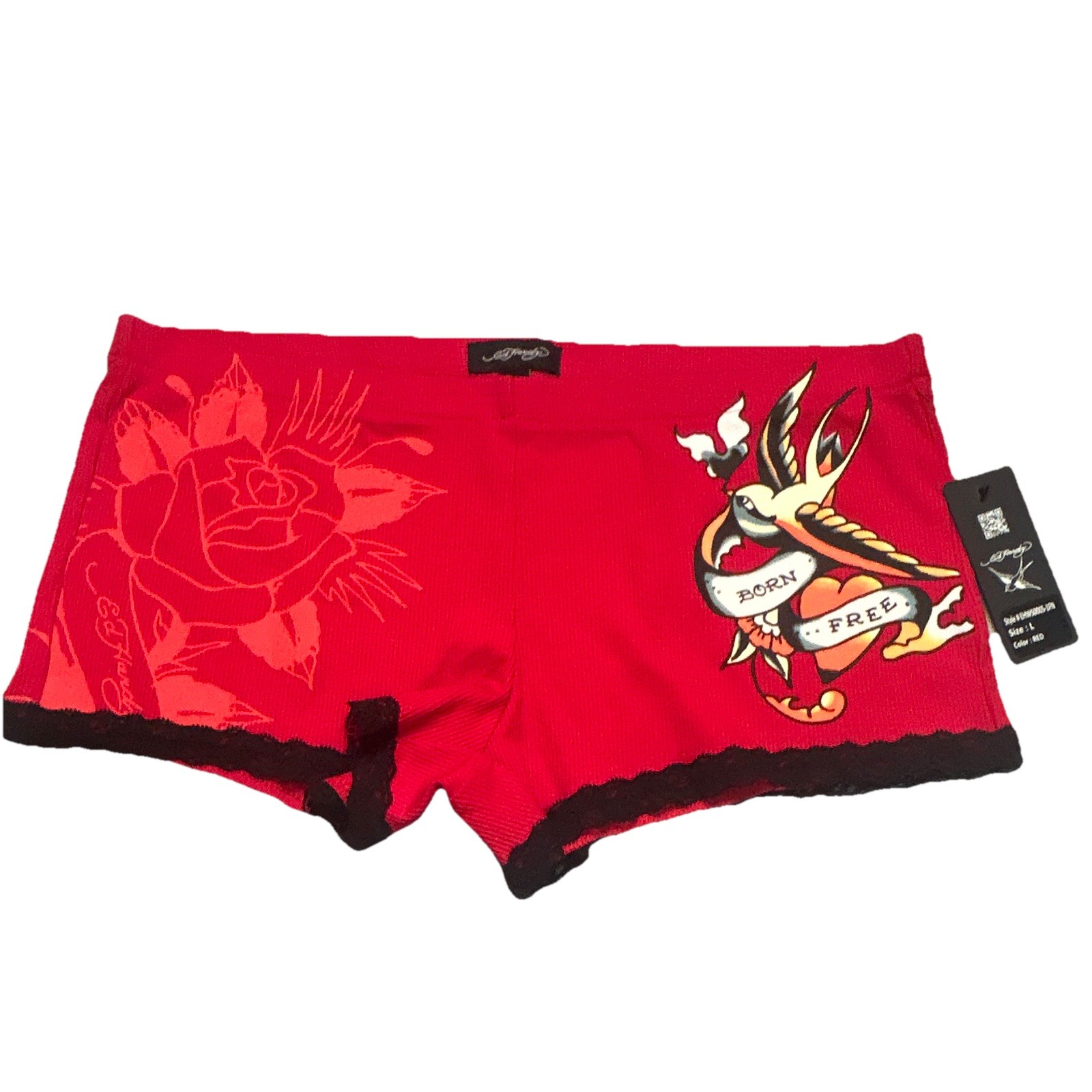 Ed Hardy Women’s Boyshort Panties L Red/Black Tattoo Graphic Print Lace 1-Pack