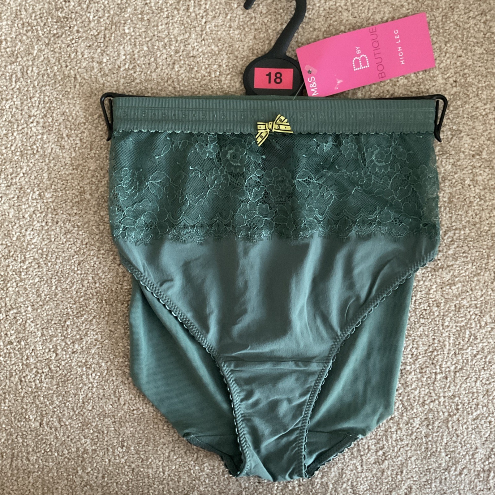 M&S Size 18 Pretty Boutique High Leg Knickers Mesh Lace Dark Khaki Green Soft